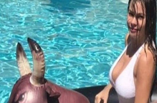 Actress Sofia Vergara mounts inflatable bull in pool (video)
